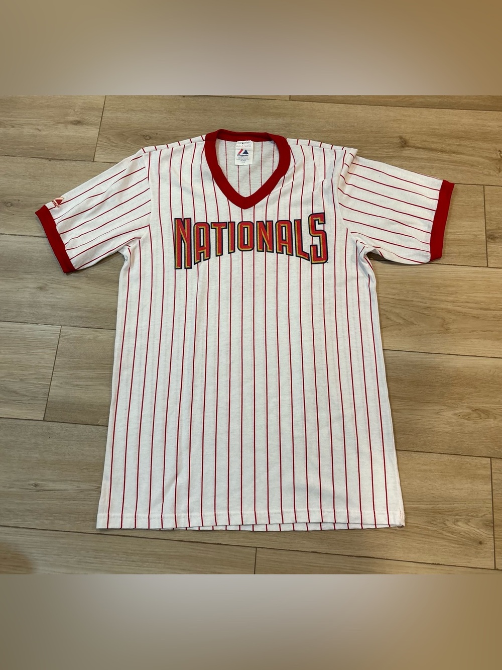 Vtg Majestic Washington Nationals 90s in Large L White Red Pinstripe MLB USA Mad